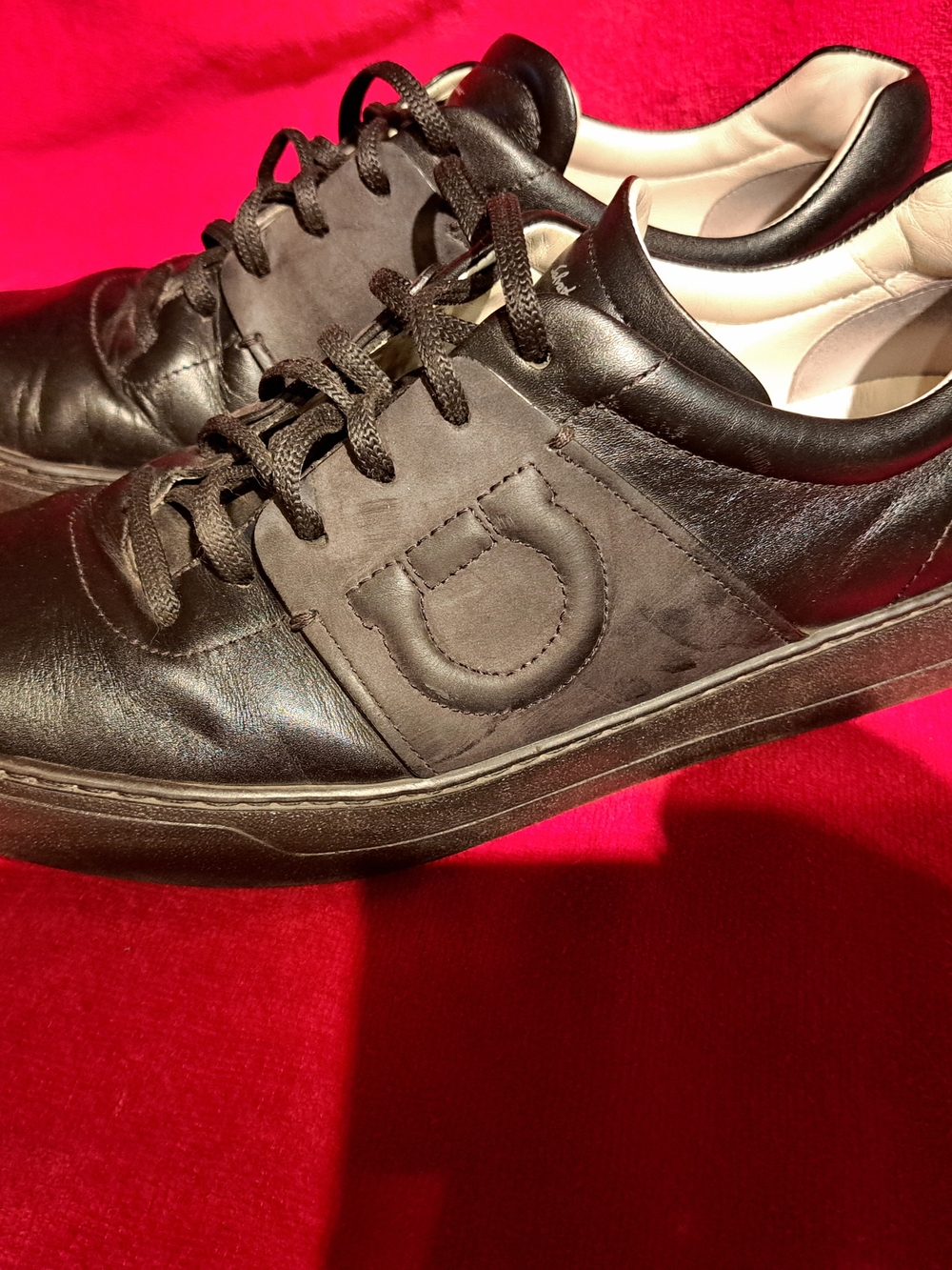 Salvatore Ferragamo Black Leather Low-Top Sneakers with Logo Panel